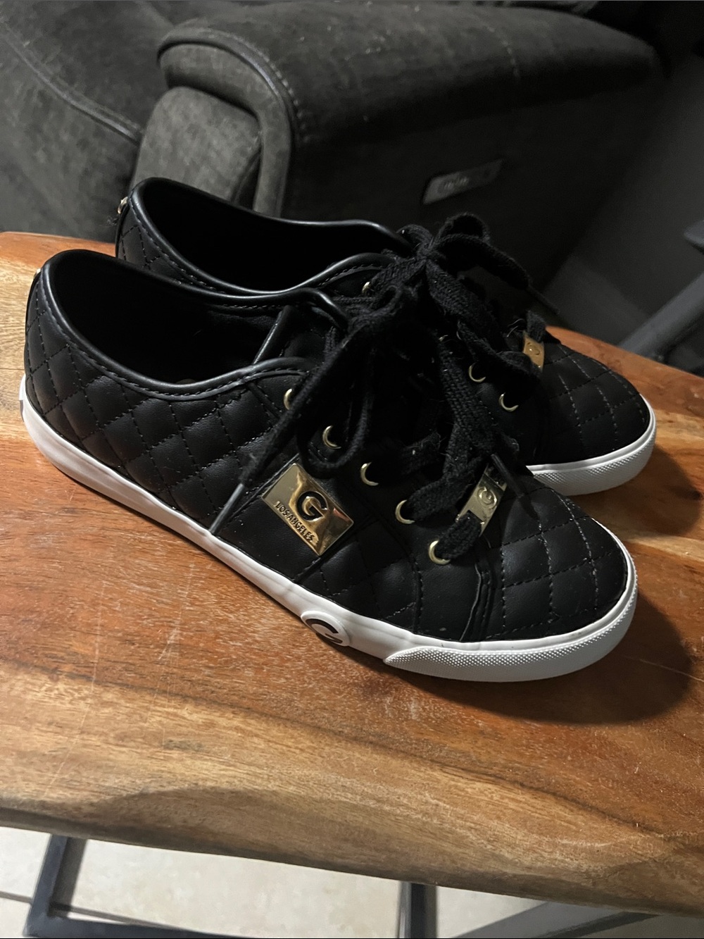 GUESS Black Quilted Lace-Up Sneakers with White Sole and Gold Accents